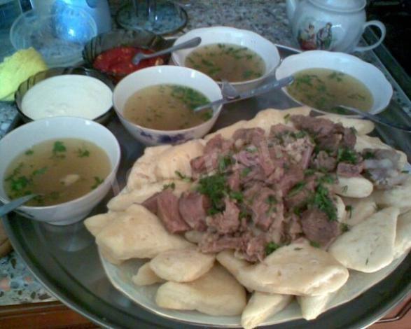 Lamb gut soup with pea hinkal