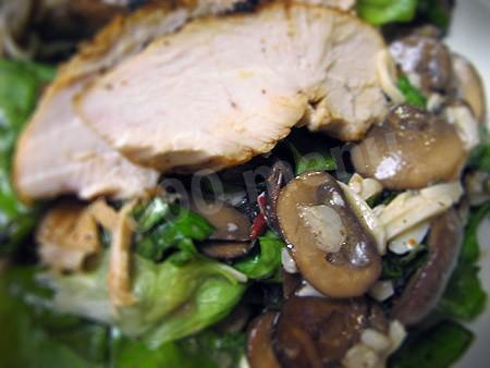 Mushroom salad with chicken breast and quail eggs
