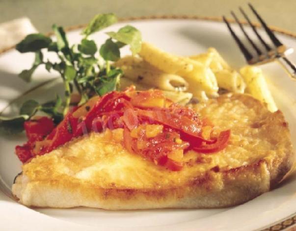 Fried halibut with tomatoes and sweet peppers