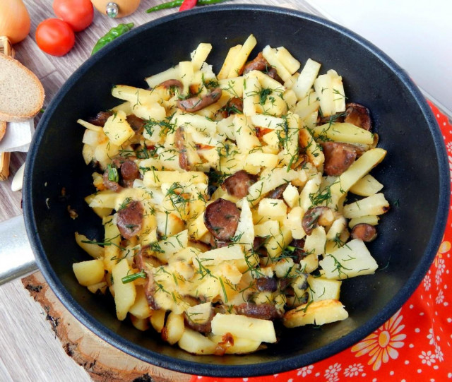 Fried potatoes with fresh honey mushrooms and onions