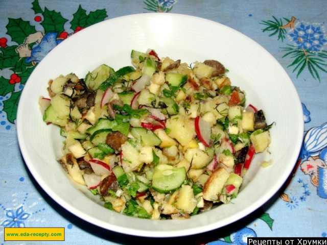 Salad of fried mushrooms with cucumber