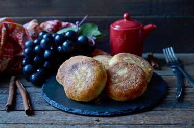 Classic cottage cheese pancakes in a frying pan