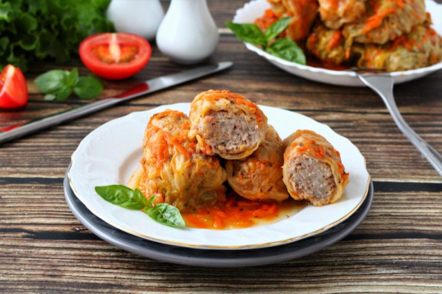 Cabbage rolls made from fresh cabbage with meat in a saucepan