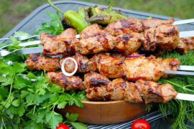 Shish kebab in marinade with mayonnaise and pork onion