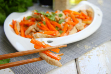 Chicken salad and Korean carrots without mayonnaise