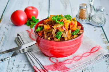 Azu with pickled cucumbers from beef and potatoes in Tatar style