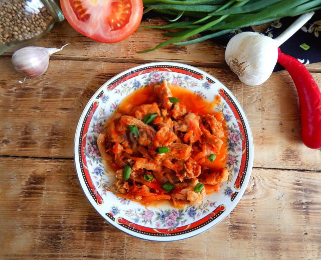 Pork meat with gravy in a frying pan