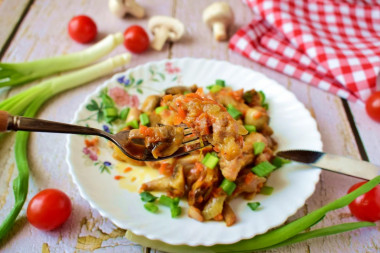 Chicken fillet with mushrooms in a frying pan