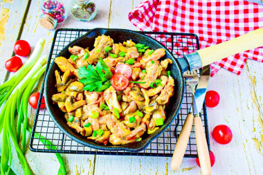 Chicken fillet with mushrooms in a frying pan