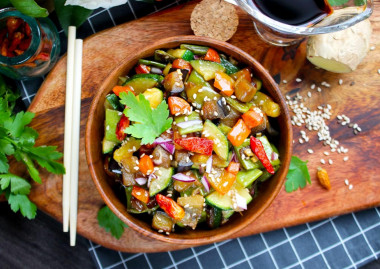 Vegetables in soy sauce in a frying pan