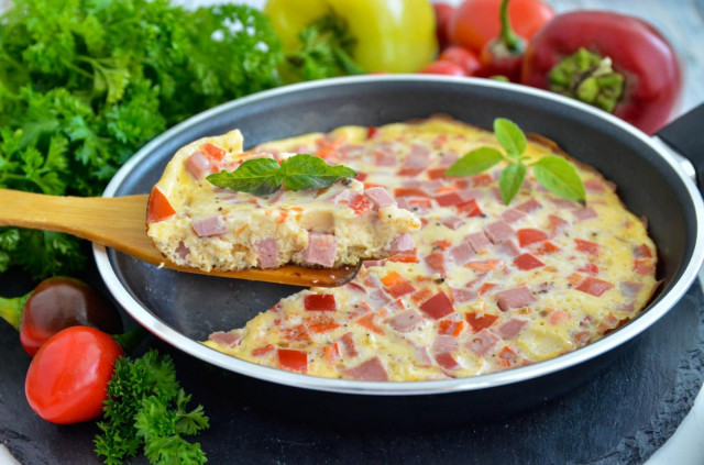 Fluffy omelet with milk and sausage in a frying pan