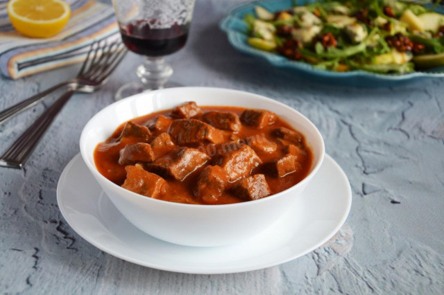 Beef goulash with gravy classic in a frying pan