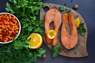 Salmon steak in a frying pan