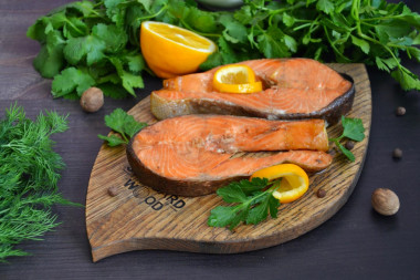 Salmon steak in a frying pan