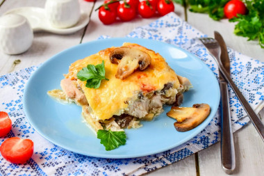 Mushrooms in the oven with cheese and chicken